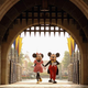 Mickey and Minnie Mouse standing under a threatening pointy metal gate at Disney World's Cinderella Castle